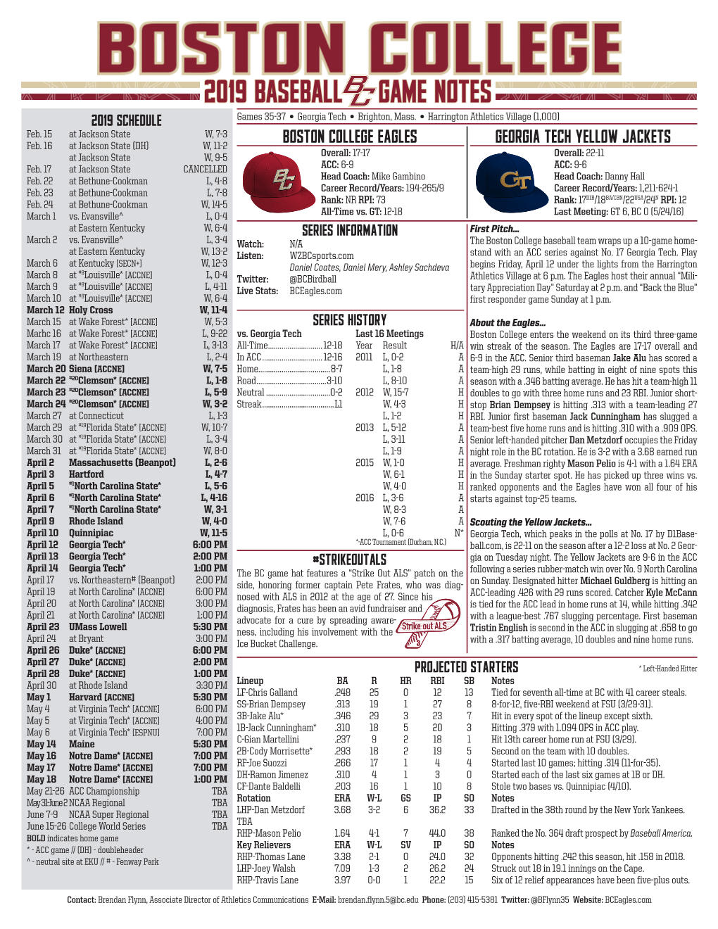 2019 BASEBALL GAME NOTES 2019 Schedule Games 35-37 N Georgia Tech N Brighton, Mass