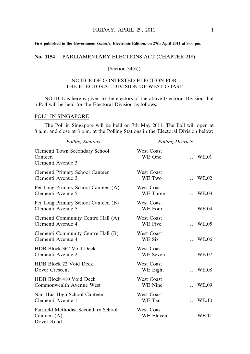 Notice of Contested Election for the Electoral Division of West Coast