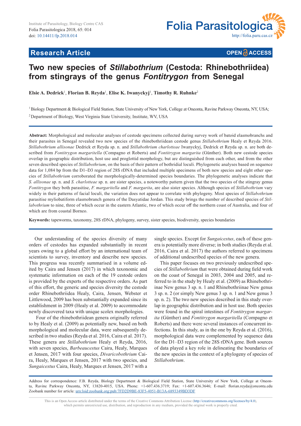 Cestoda: Rhinebothriidea) from Stingrays of the Genus Fontitrygon from Senegal