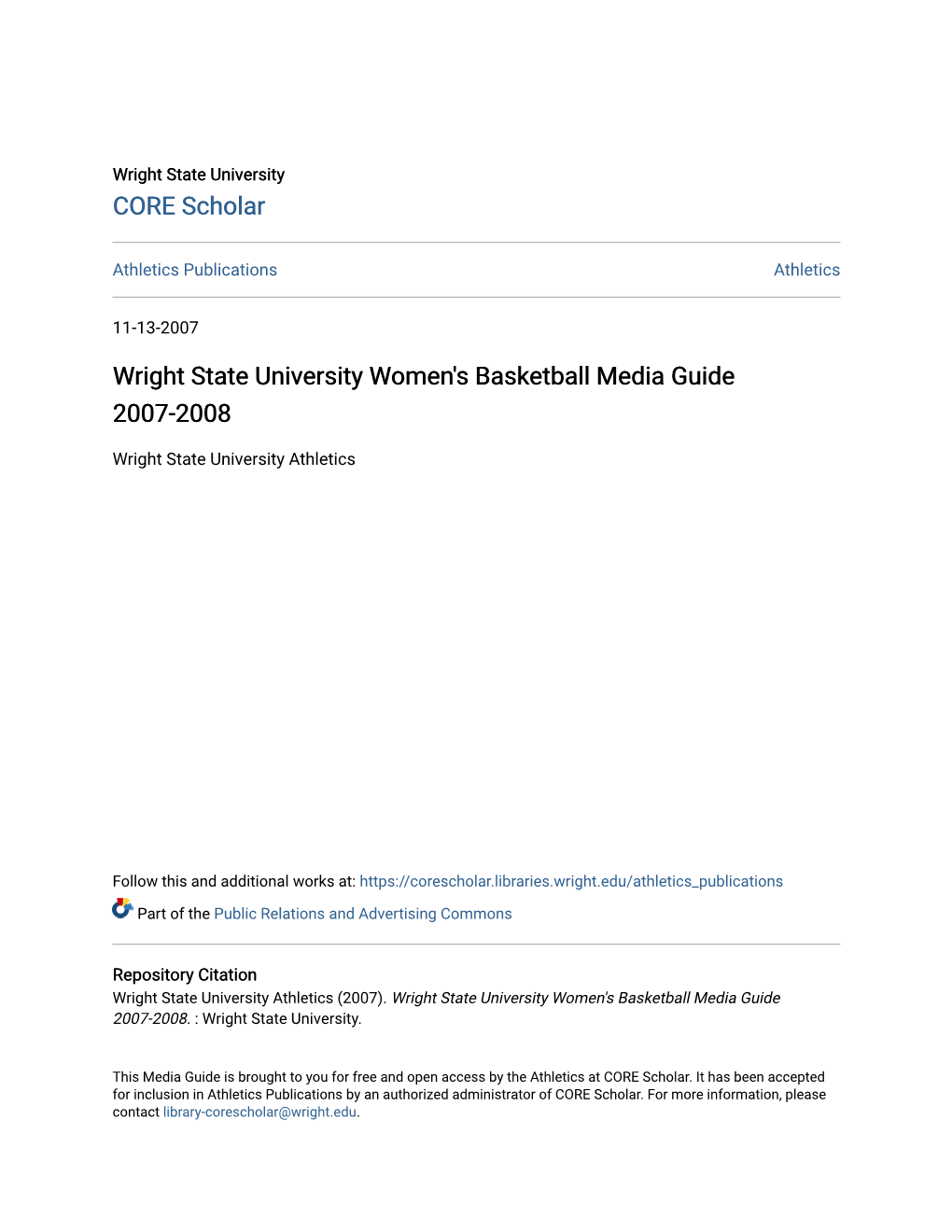 Wright State University Women's Basketball Media Guide 2007-2008