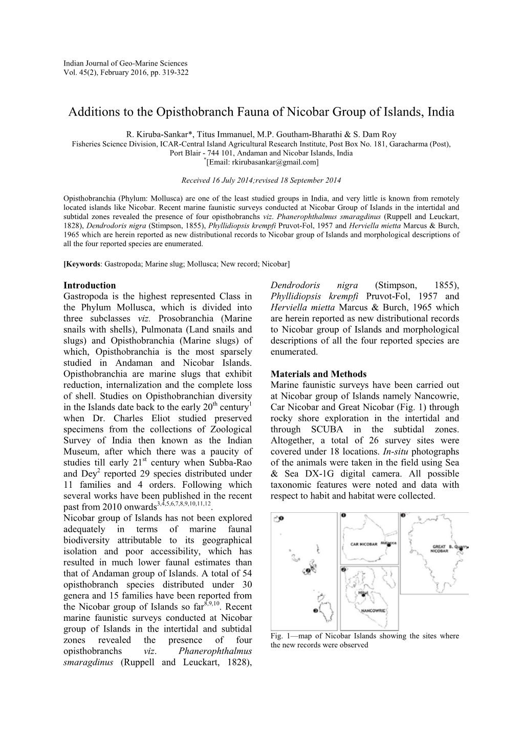 Additions to the Opisthobranch Fauna of Nicobar Group of Islands, India