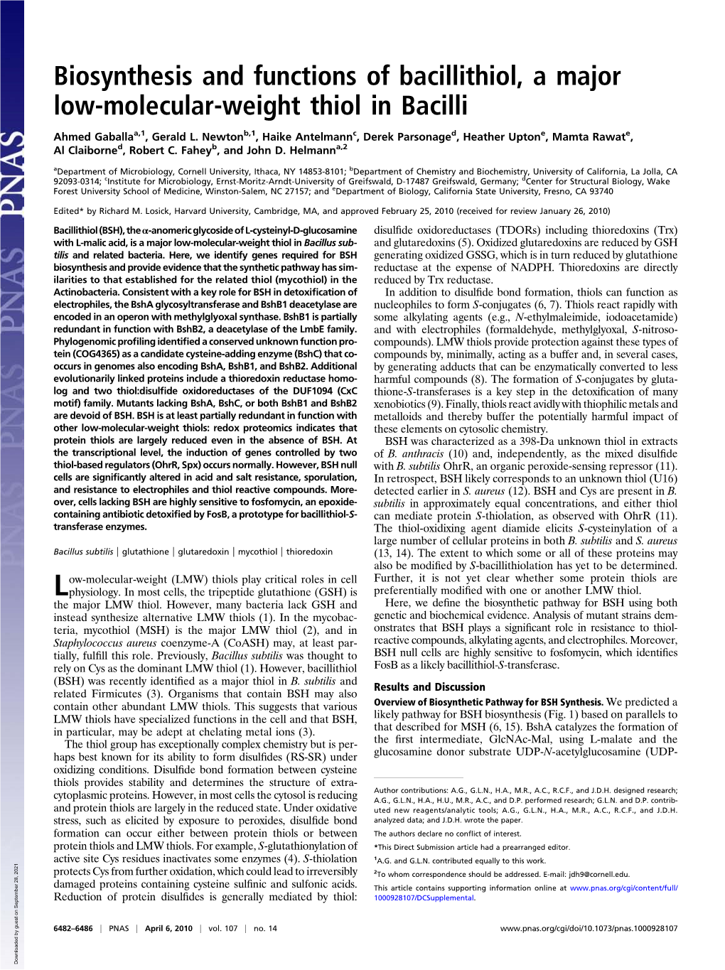 Biosynthesis and Functions of Bacillithiol, a Major Low-Molecular-Weight Thiol in Bacilli