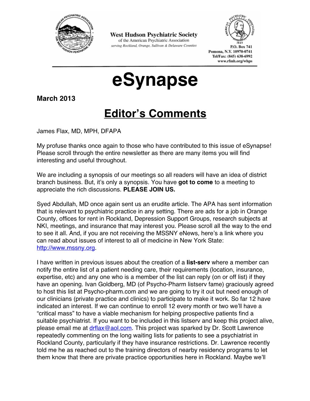 Esynapse March 2013 Editor’S Comments