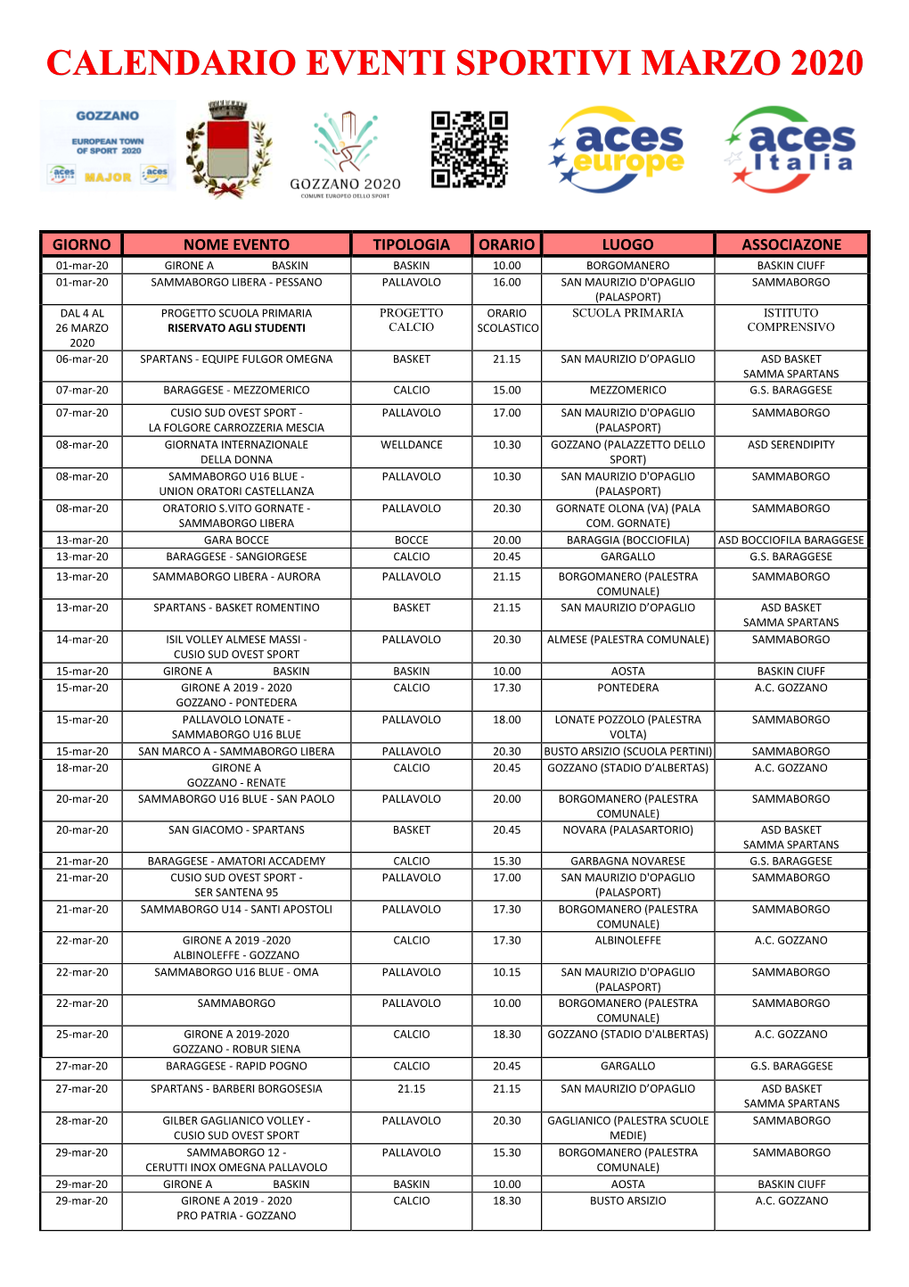 Calendario Marzo 2020 Sport