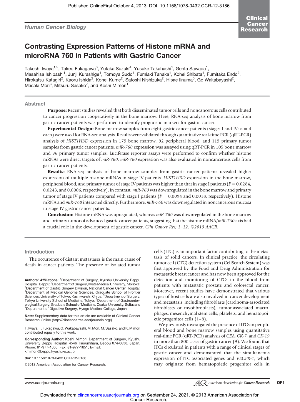 Contrasting Expression Patterns of Histone Mrna and Microrna 760 in Patients with Gastric Cancer