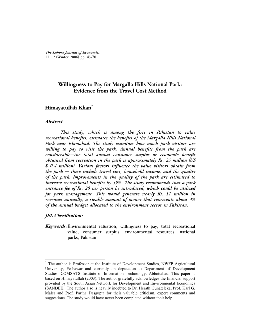 Willingness to Pay for Margalla Hills National Park: Evidence from the Travel Cost Method