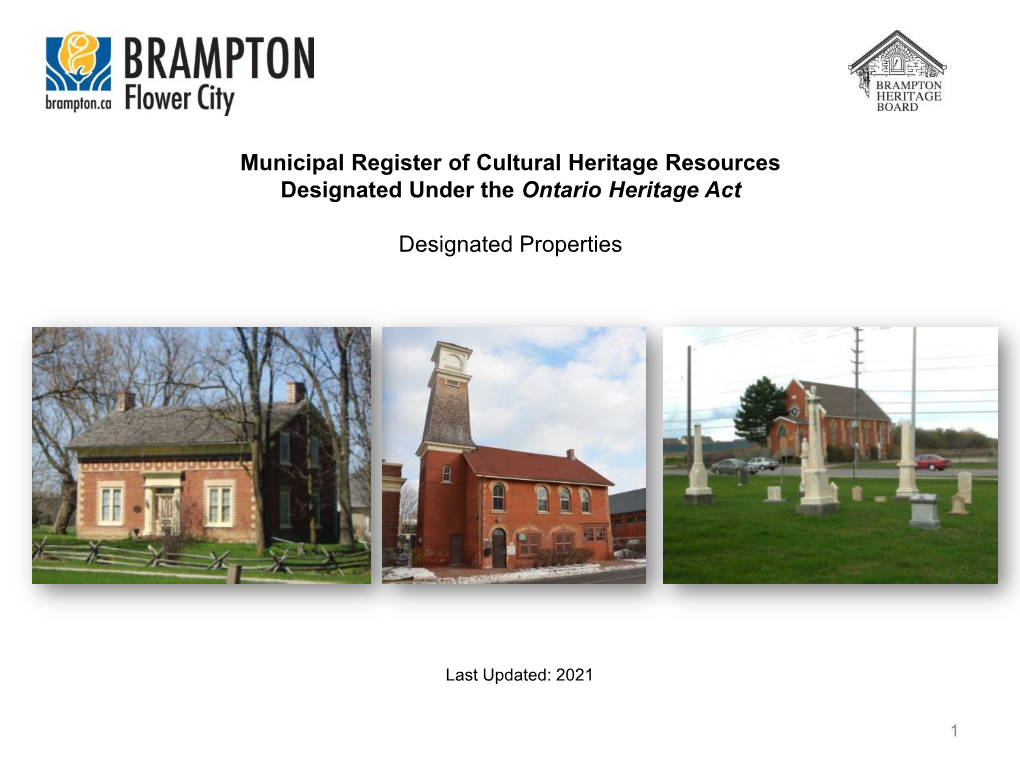 Municipal Register of Cultural Heritage Resources Designated Under the Ontario Heritage Act