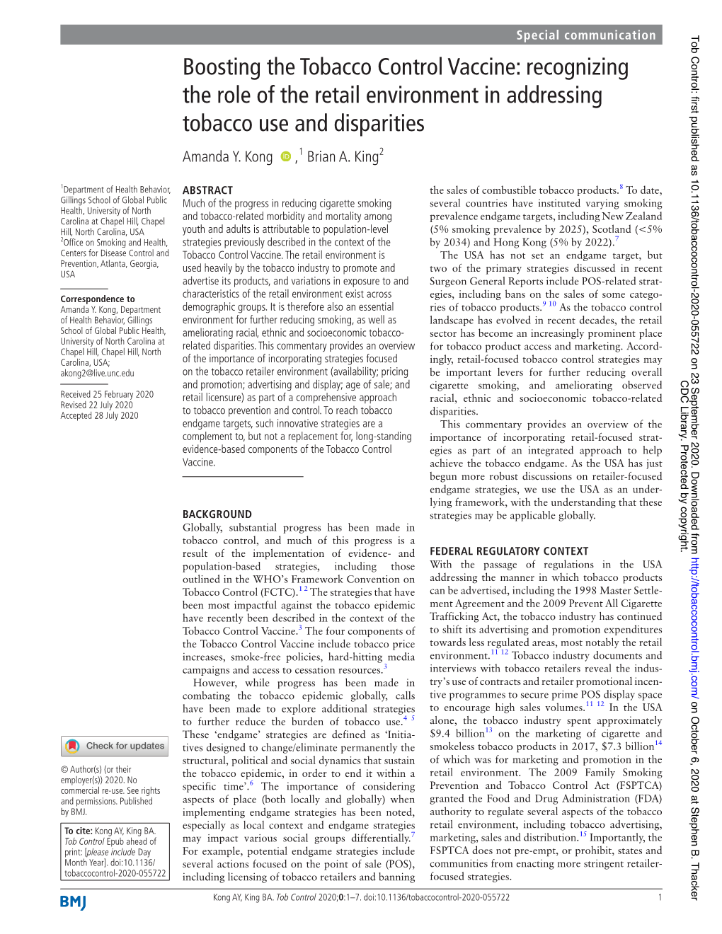 Boosting the Tobacco Control Vaccine: Recognizing the Role of the Retail Environment in Addressing Tobacco Use Anddisparities