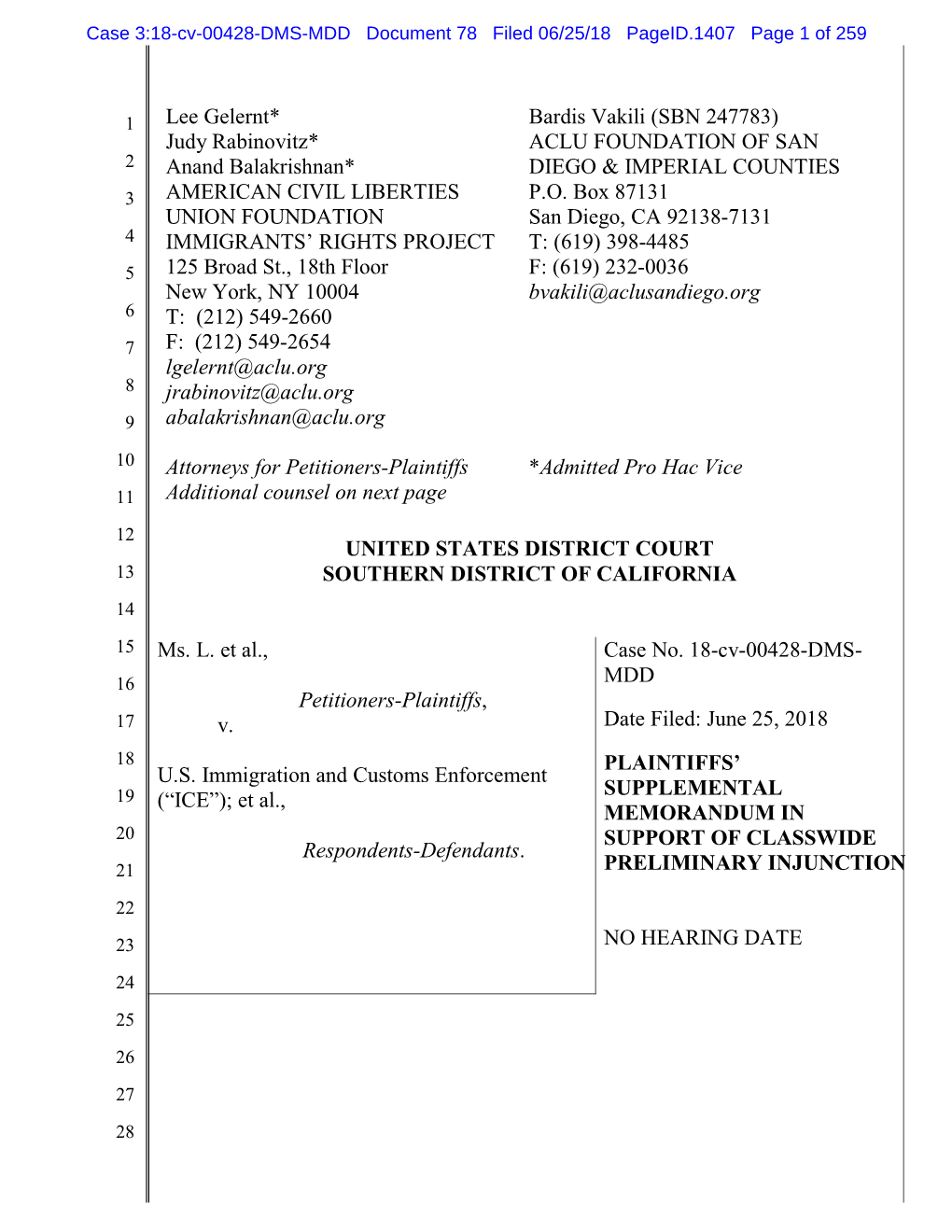 Case 3:18-Cv-00428-DMS-MDD Document 78 Filed 06/25/18 Pageid.1407 Page 1 of 259