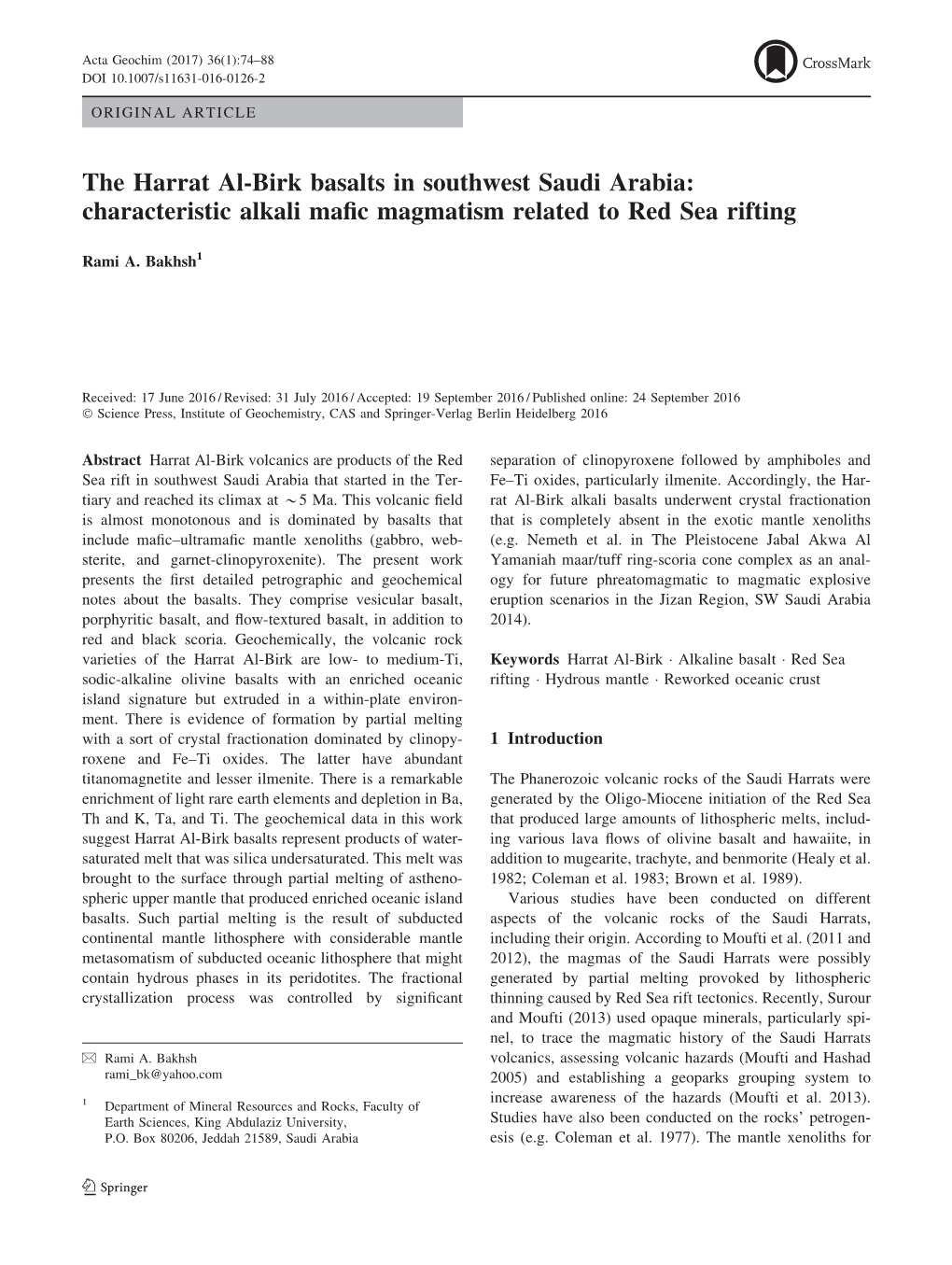 The Harrat Al-Birk Basalts in Southwest Saudi Arabia: Characteristic Alkali Maﬁc Magmatism Related to Red Sea Rifting