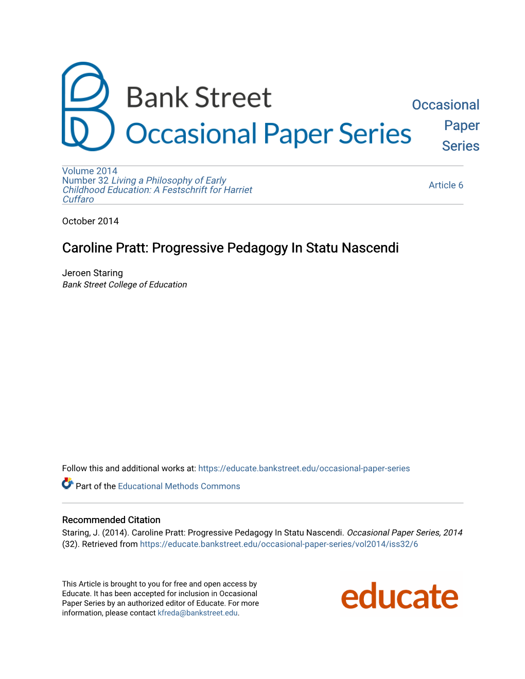 Caroline Pratt: Progressive Pedagogy in Statu Nascendi