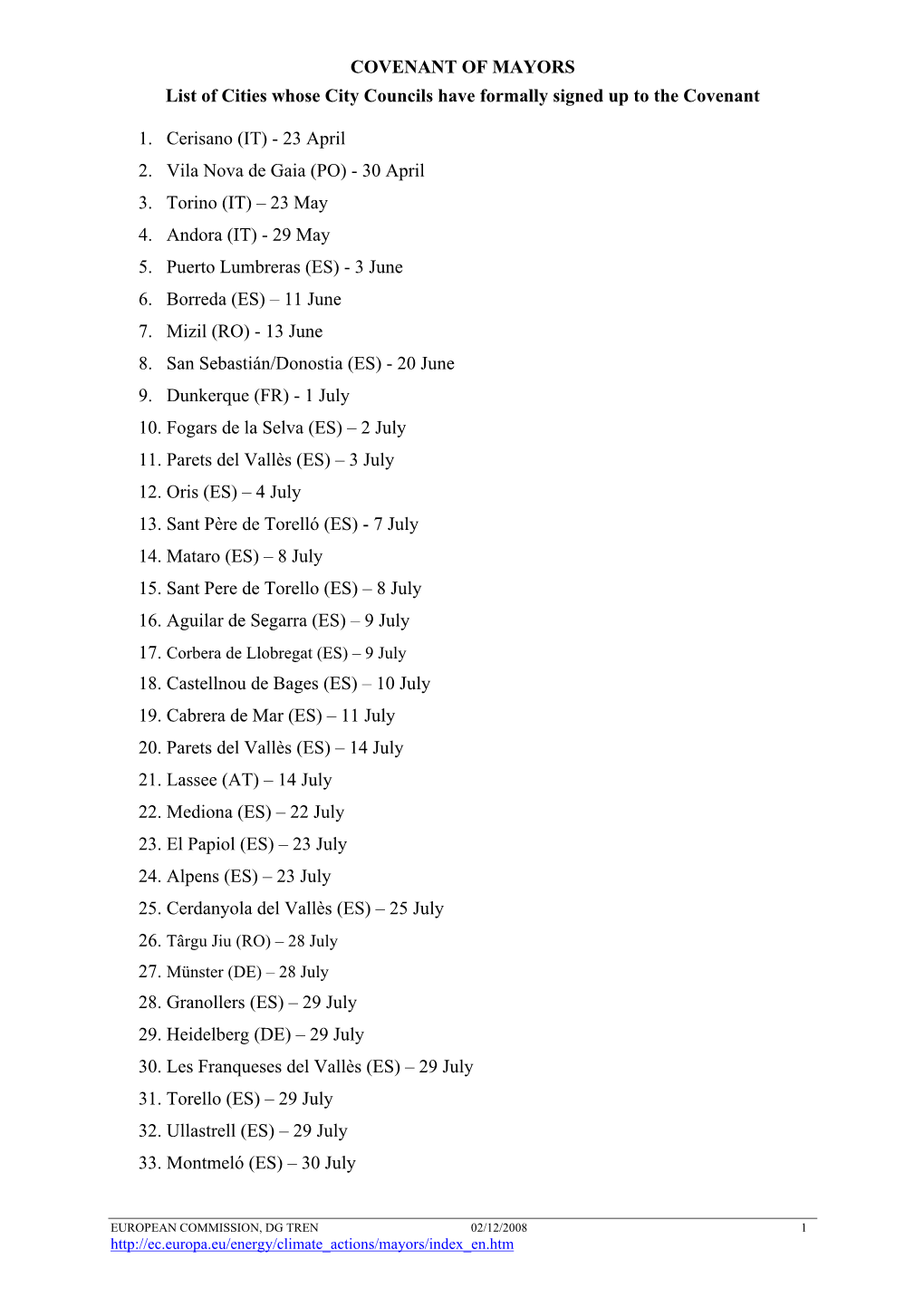 List of Cities Having Expressed Interest to Join the Covenant