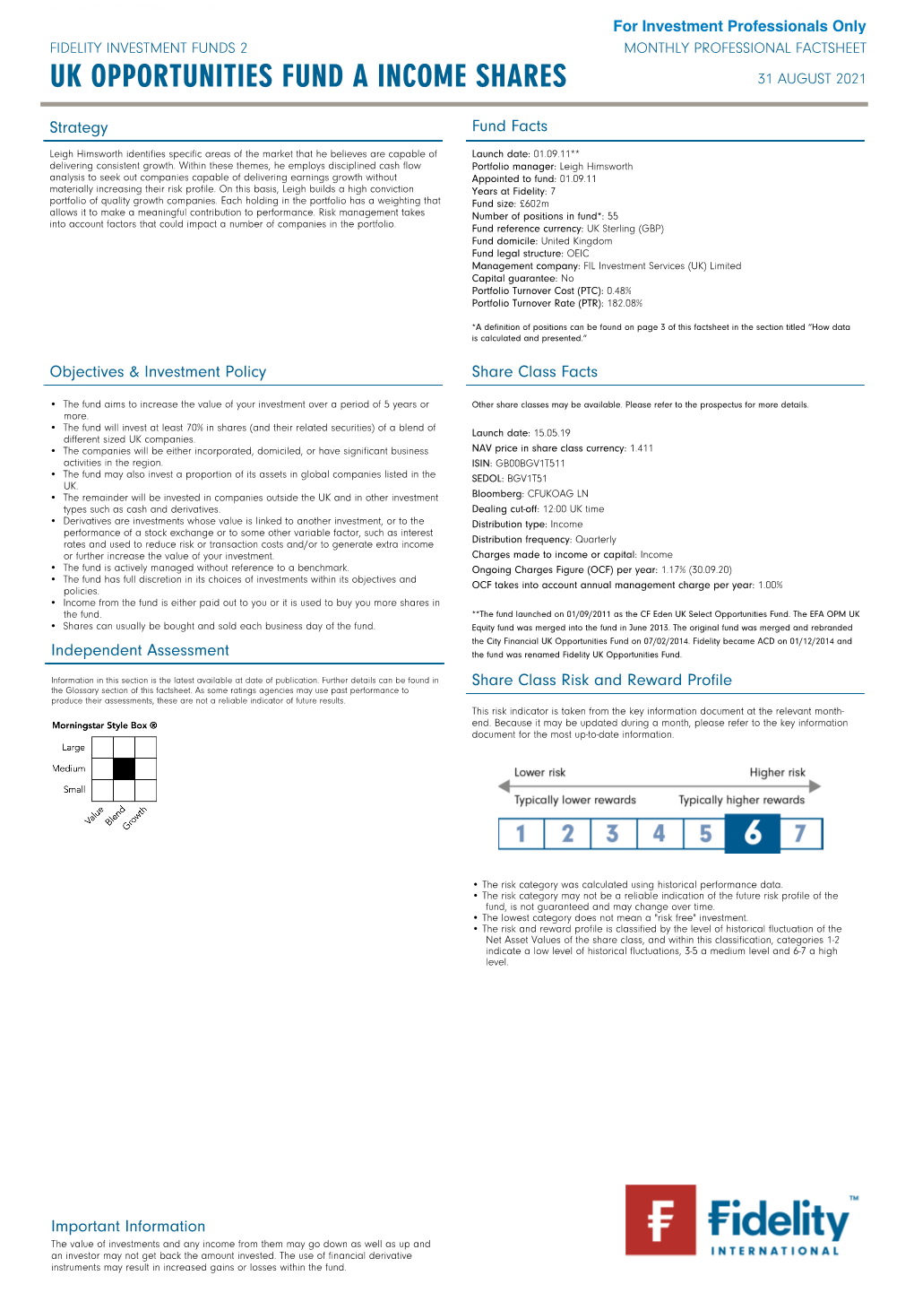 Monthly Professional Factsheet Uk Opportunities Fund a Income Shares 31 August 2021