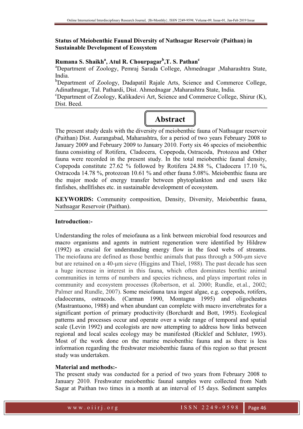 Abstract the Present Study Deals with the Diversity of Meiobenthic Fauna of Nathsagar Reservoir (Paithan) Dist