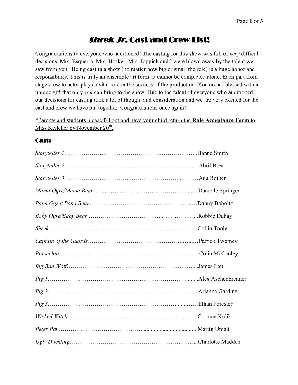 Shrek Jr. Cast and Crew List!