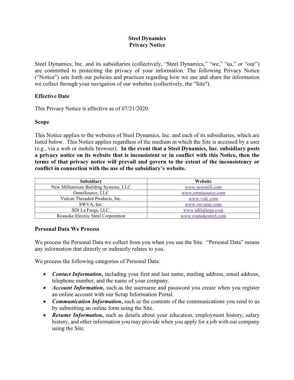 Steel Dynamics Privacy Notice Steel Dynamics, Inc. and Its Subsidiaries (Collectively, “Steel Dynamics,” “We,” “Us,”