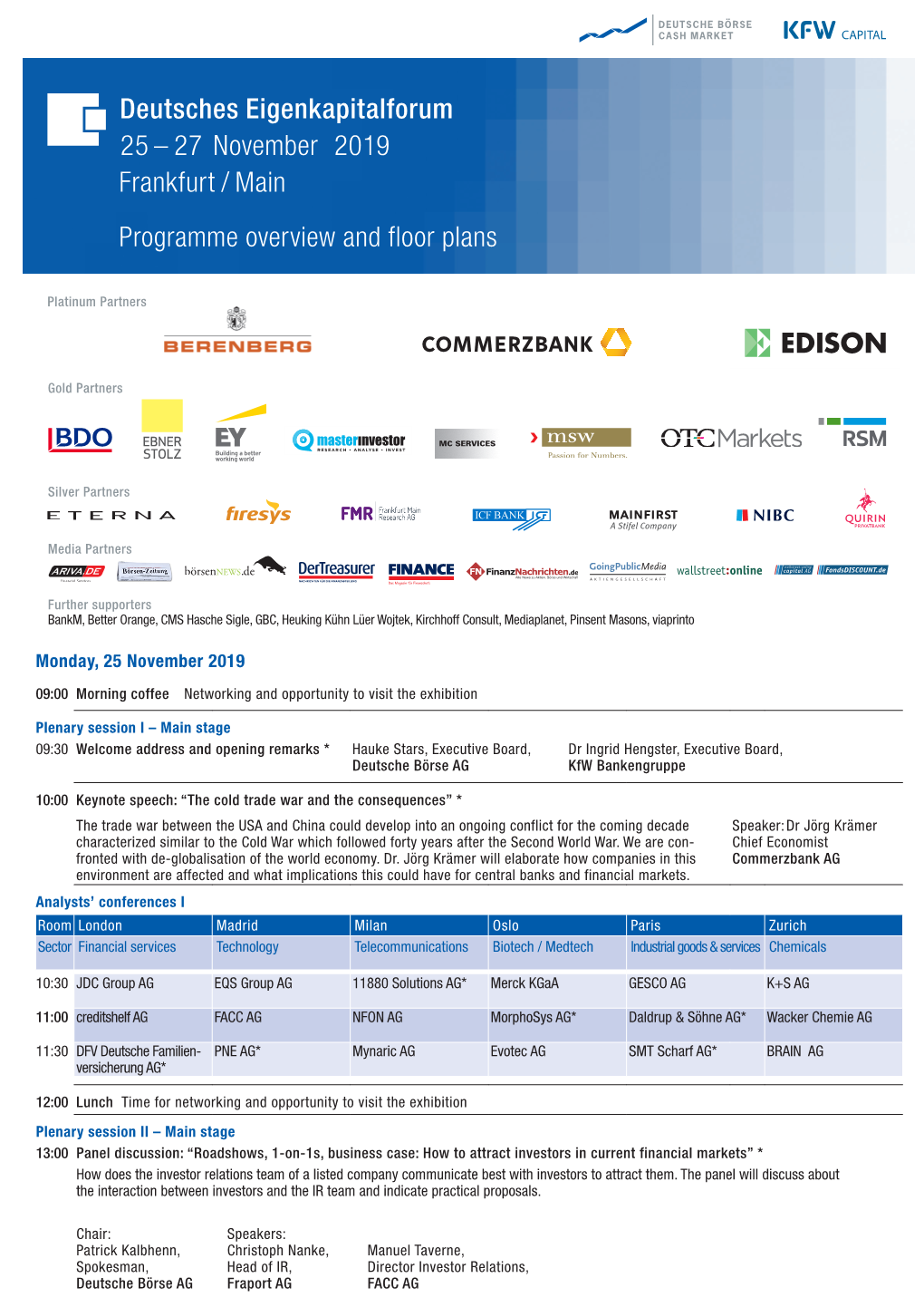 27 November 2019 Frankfurt / Main Programme Overview and Floor Plans