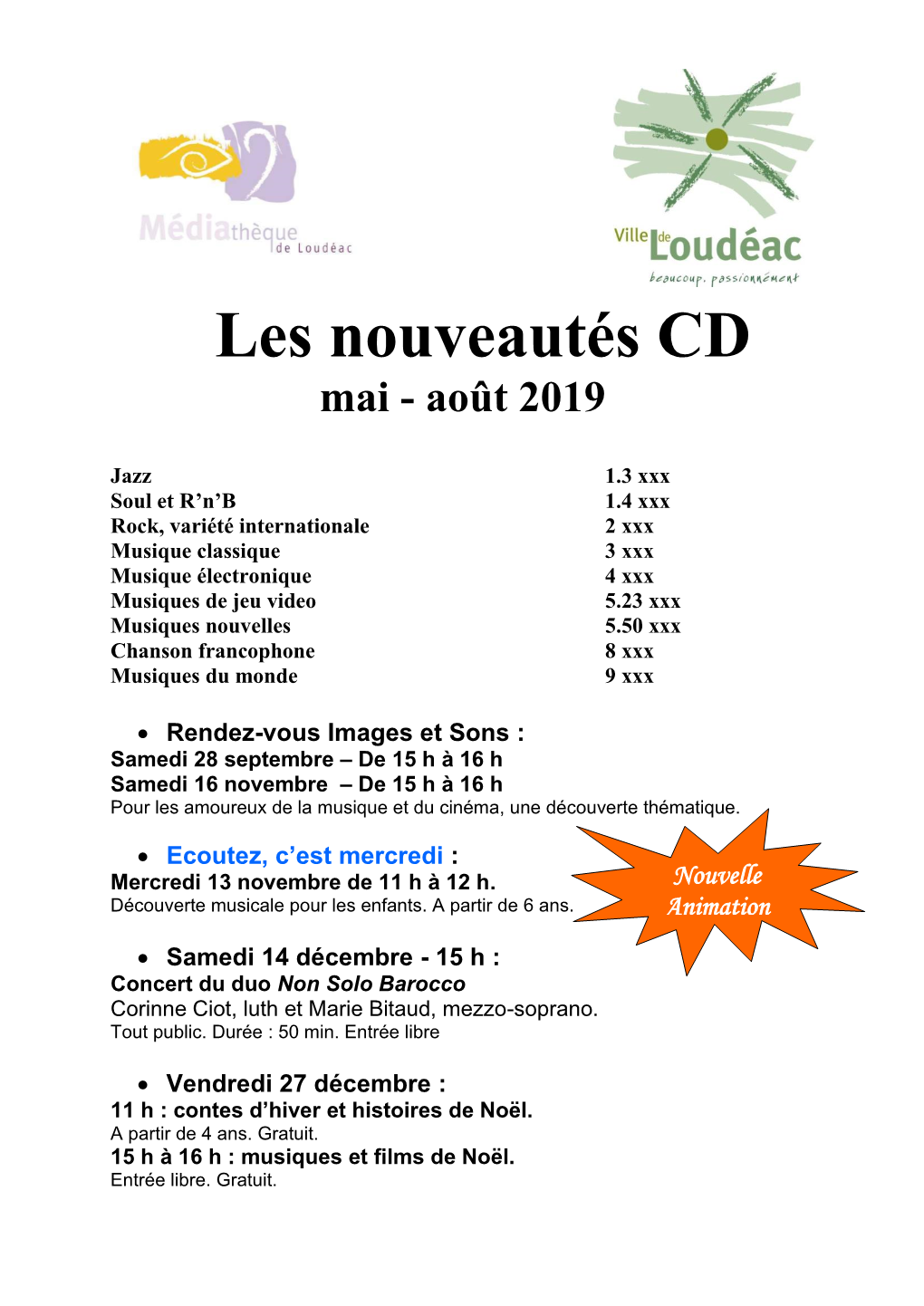 Les Nouveautés CD Mai - Août 2019