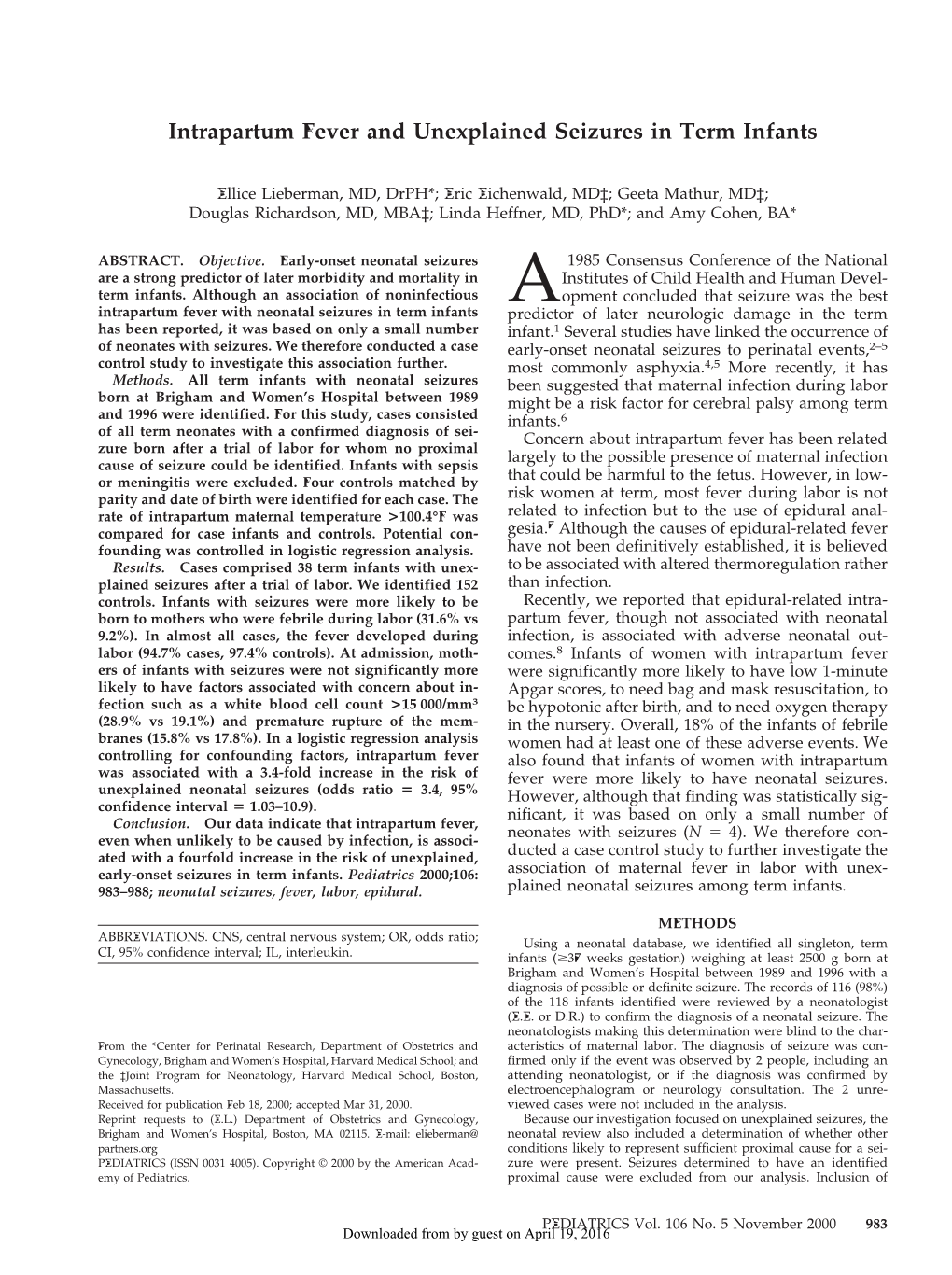 Intrapartum Fever and Unexplained Seizures in Term Infants