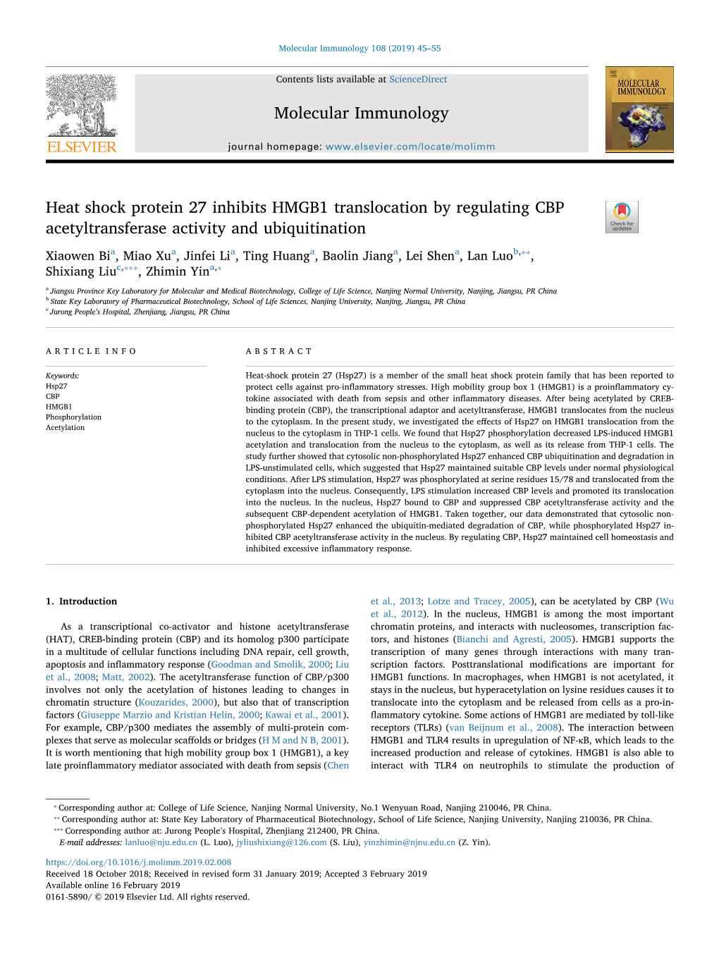 Heat Shock Protein 27 Inhibits HMGB1 Translocation by Regulating CBP