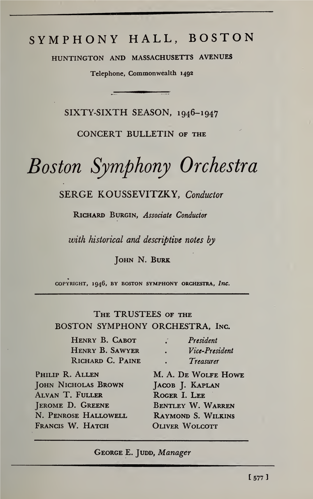 Boston Symphony Orchestra Concert Programs, Season 66,1946-1947