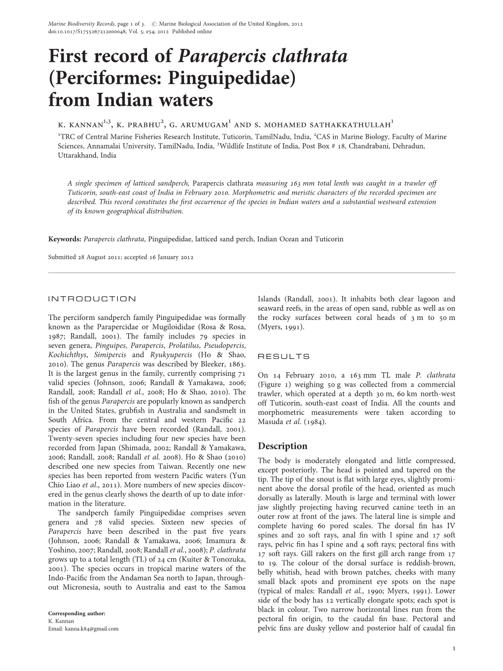 First Record of Parapercis Clathrata (Perciformes: Pinguipedidae) from Indian Waters K