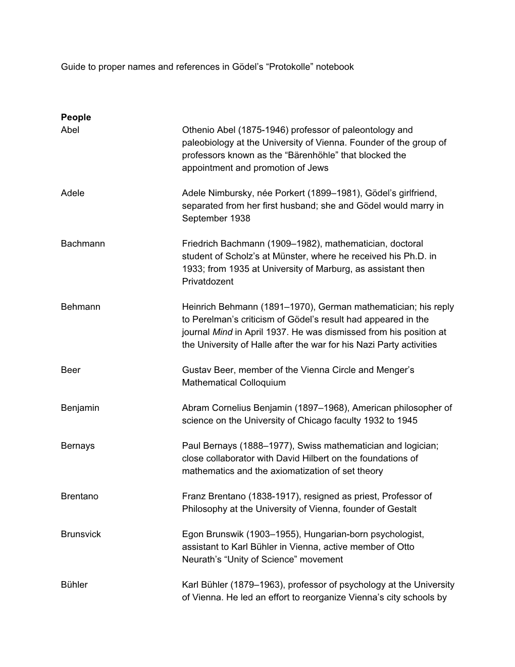 Guide to Proper Names and References in Gödel's “Protokolle