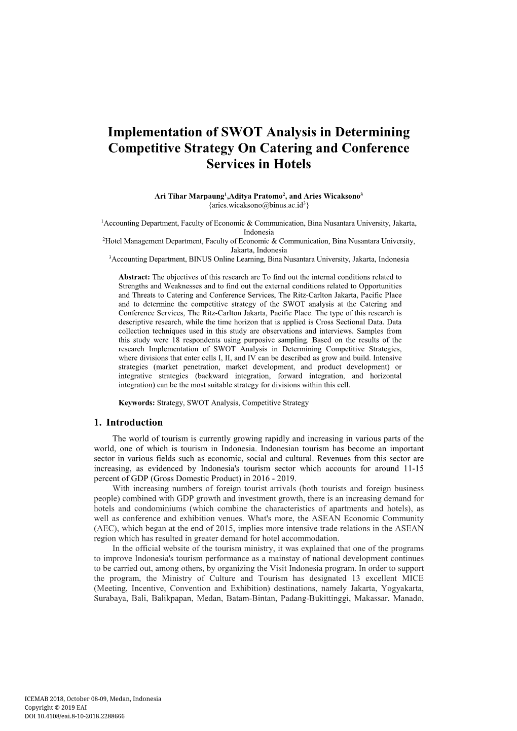 Implementation of SWOT Analysis in Determining Competitive Strategy on Catering and Conference Services in Hotels