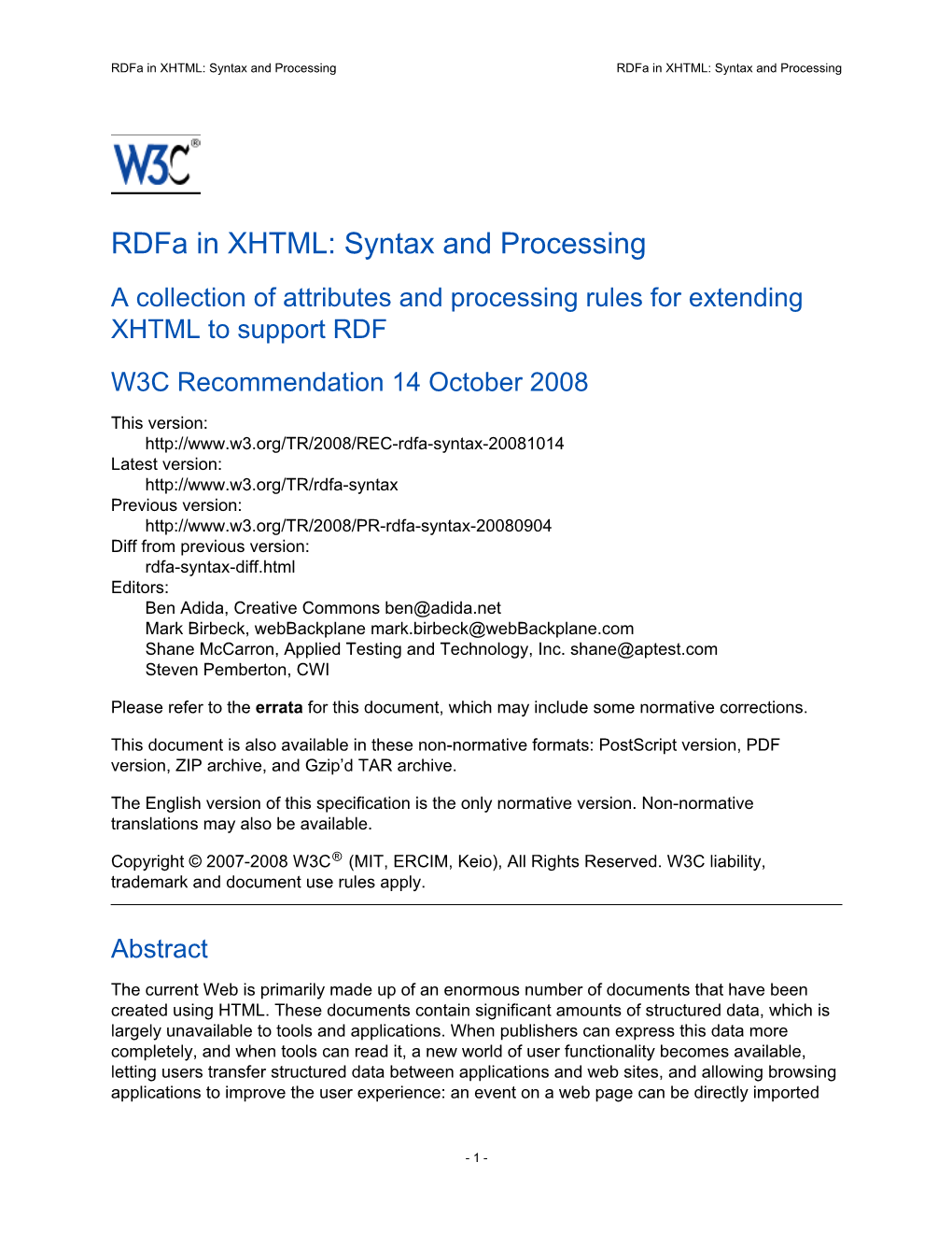 Rdfa in XHTML: Syntax and Processing Rdfa in XHTML: Syntax and Processing