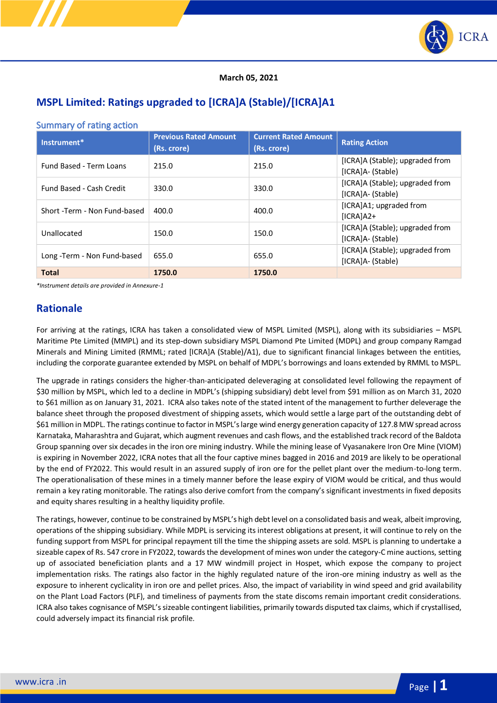 MSPL Limited: Ratings Upgraded to [ICRA]A (Stable)/[ICRA]A1 Rationale