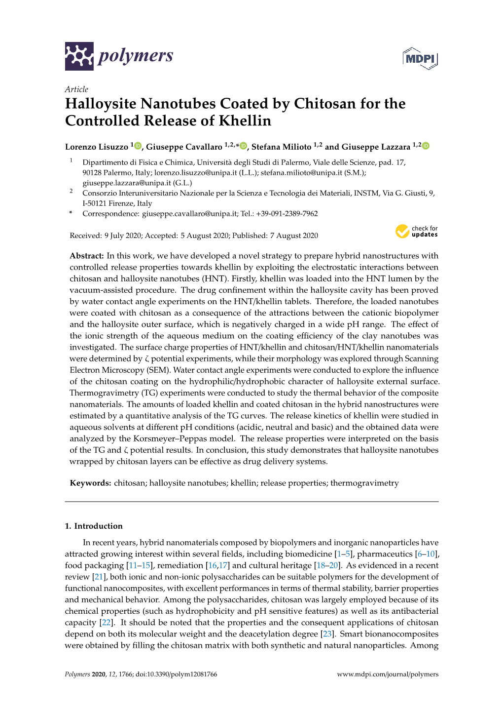 Halloysite Nanotubes Coated by Chitosan for the Controlled Release of Khellin