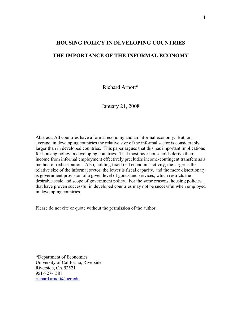 Housing Policy in Developing Countries