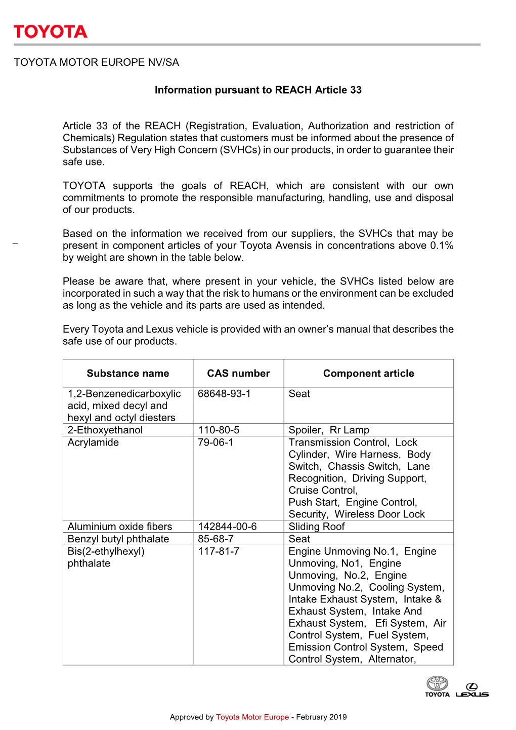 TOYOTA MOTOR EUROPE NV/SA Information Pursuant to REACH