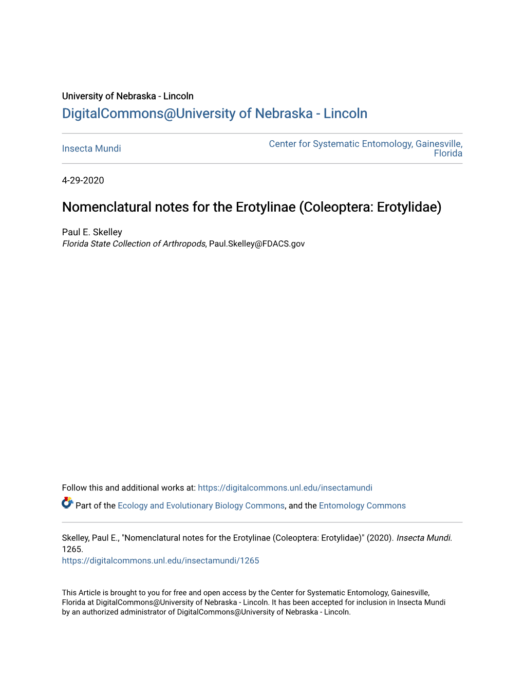 Nomenclatural Notes for the Erotylinae (Coleoptera: Erotylidae)