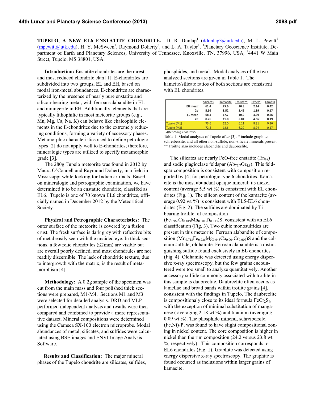 TUPELO, a NEW EL6 ENSTATITE CHONDRITE. DR Dunlap1