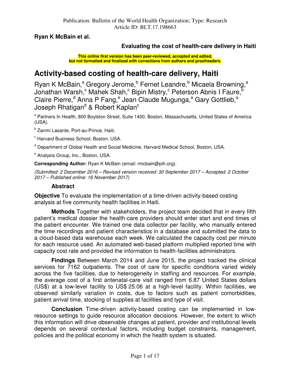 Activity-Based Costing of Health-Care Delivery, Haiti