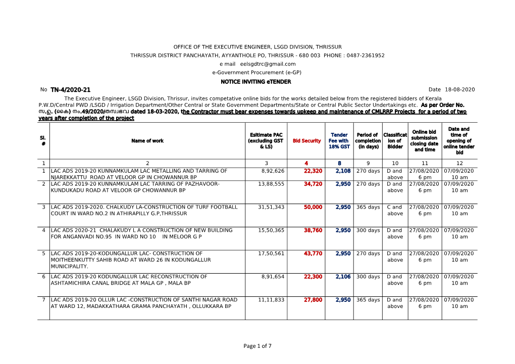 Of 7 Date and Online Bid Esltimate PAC Tender Period of Classificat Time of Sl