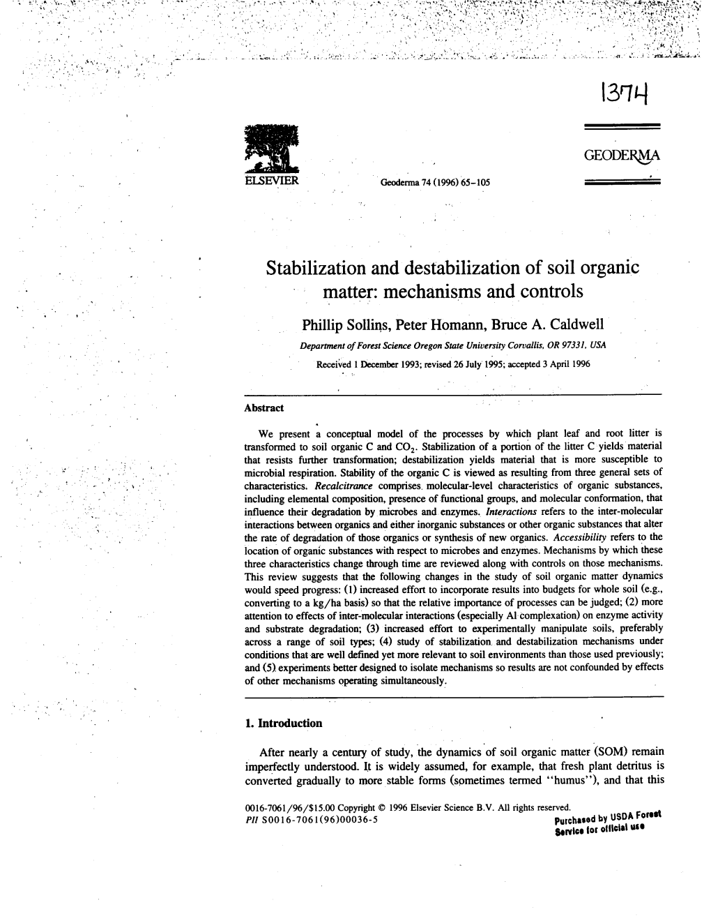 Stabilization and Destabilization of Soil Organic Matter: Mechanisms and Controls