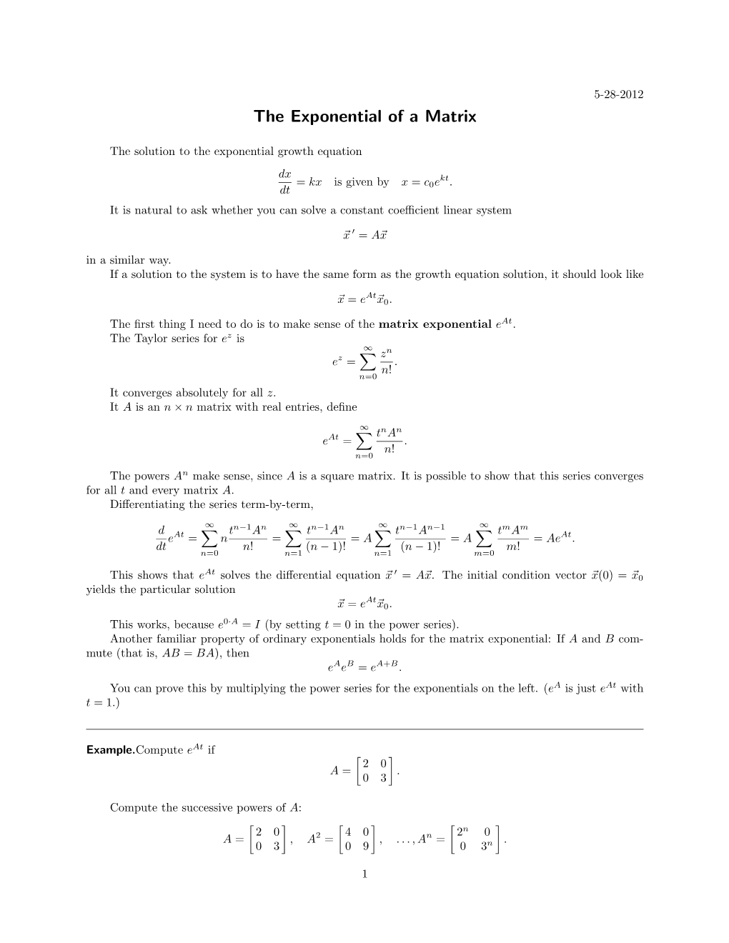 The Exponential of a Matrix