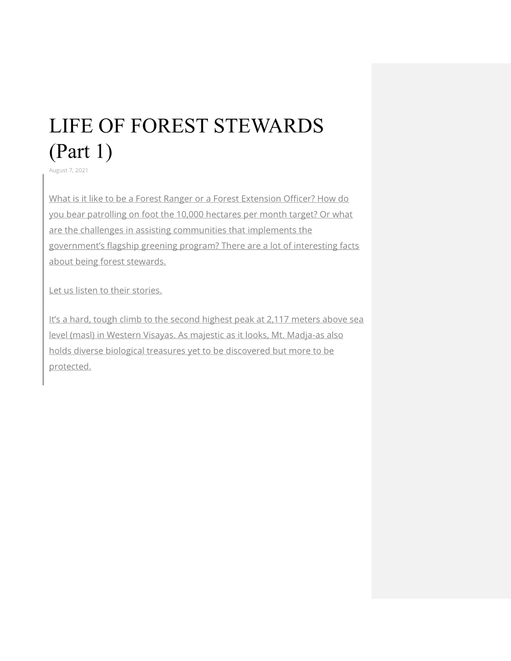 LIFE of FOREST STEWARDS (Part 1) August 7, 2021