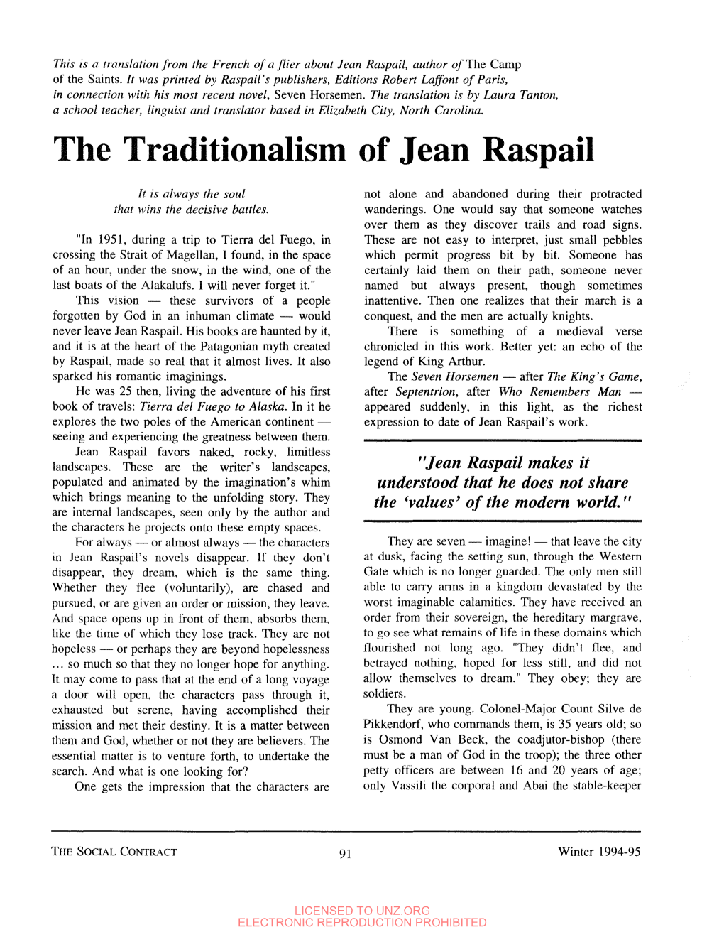 The Traditionalism of Jean Raspail
