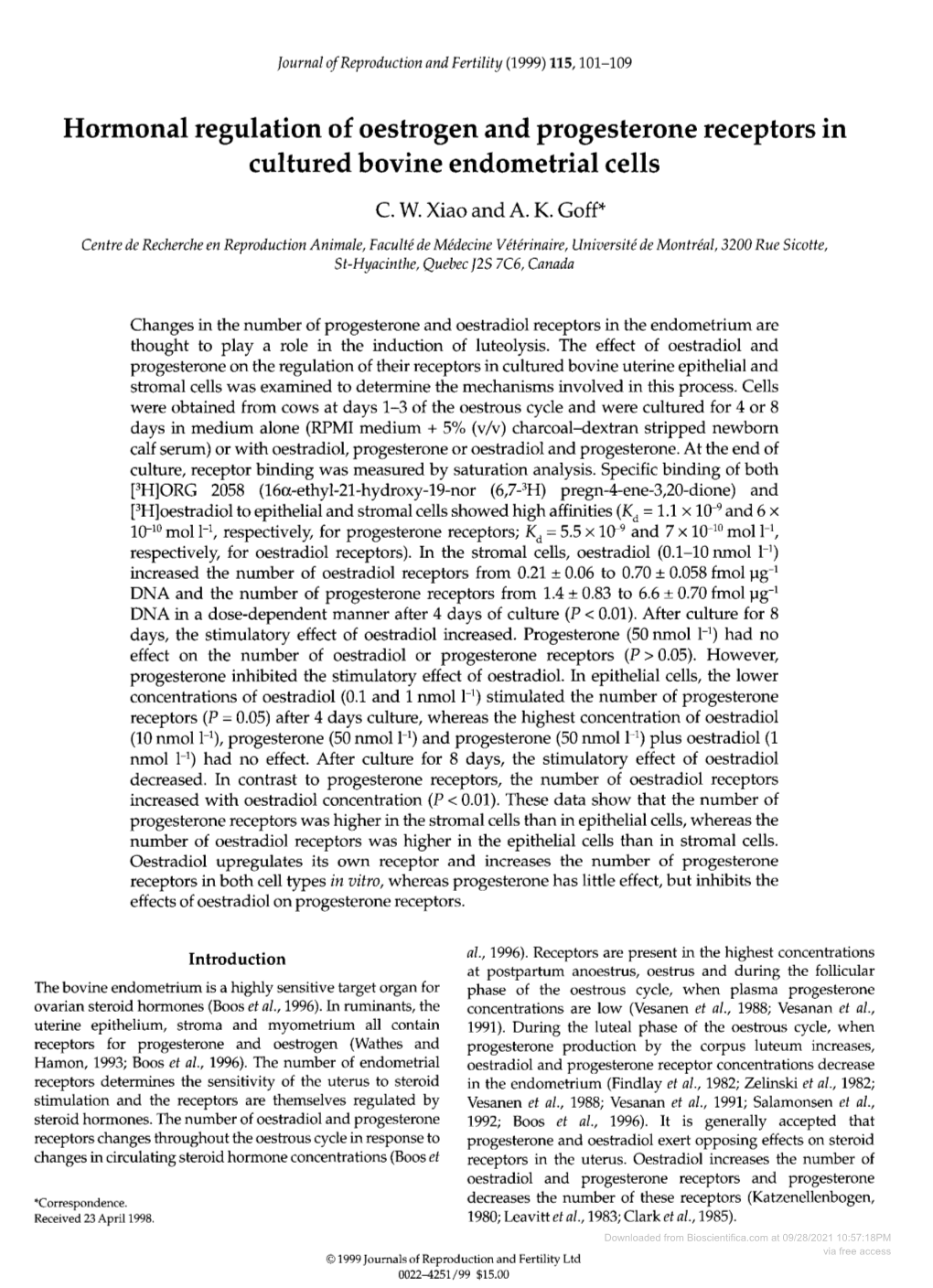 Hormonal Regulation of Oestrogen and Progesterone Receptors in Cultured Bovine Endometrial Cells