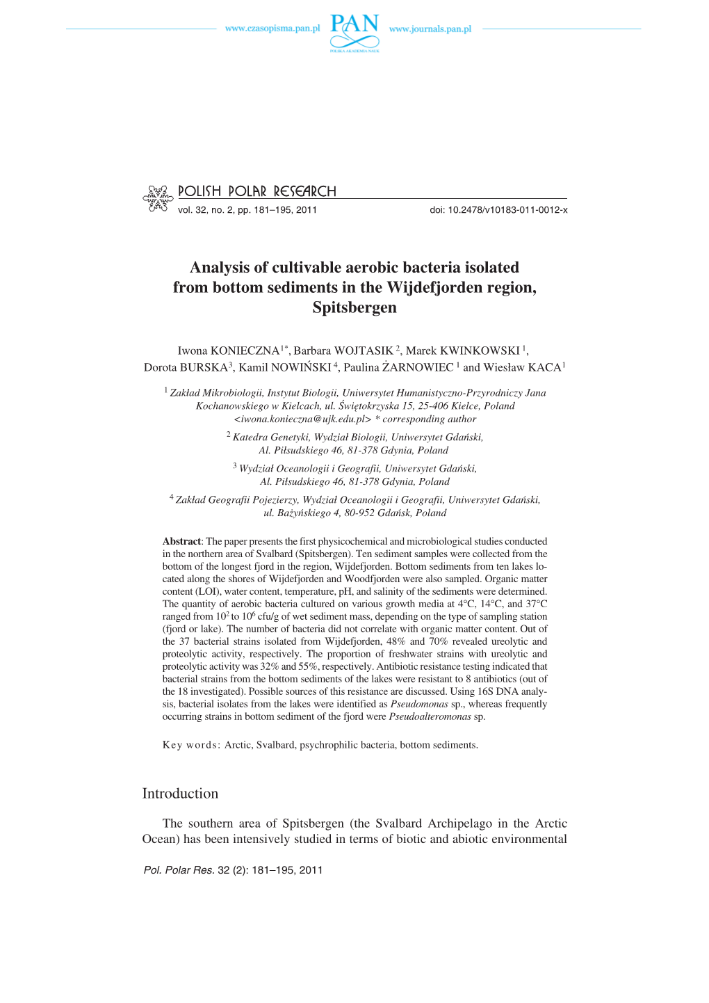 Analysis of Cultivable Aerobic Bacteria Isolated from Bottom Sediments in the Wijdefjorden Region, Spitsbergen