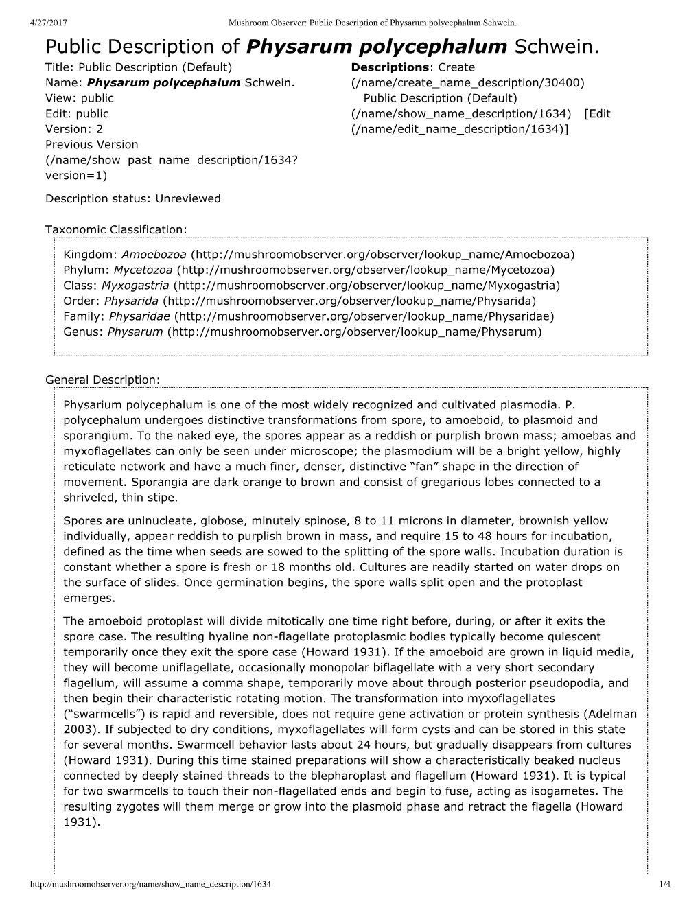 Public Description of Physarum Polycephalum Schwein. Public Description of Physarum Polycephalum Schwein