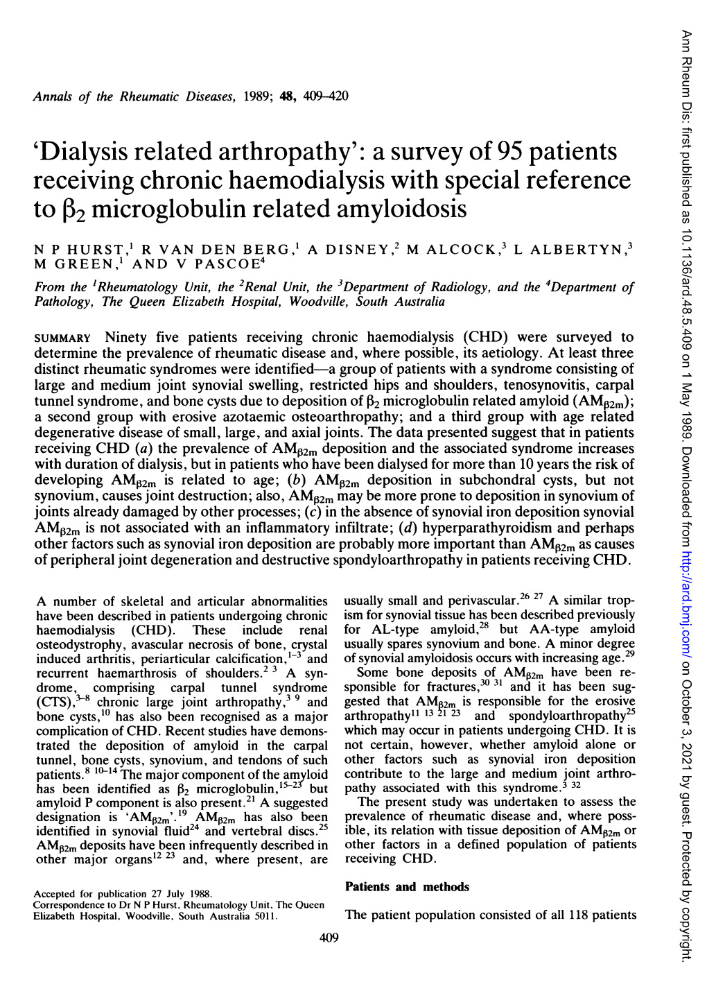 'Dialysis Related Arthropathy': a Survey of 95 Patients Receiving Chronic Haemodialysis with Special Reference to 132 Microglobulin Related Amyloidosis