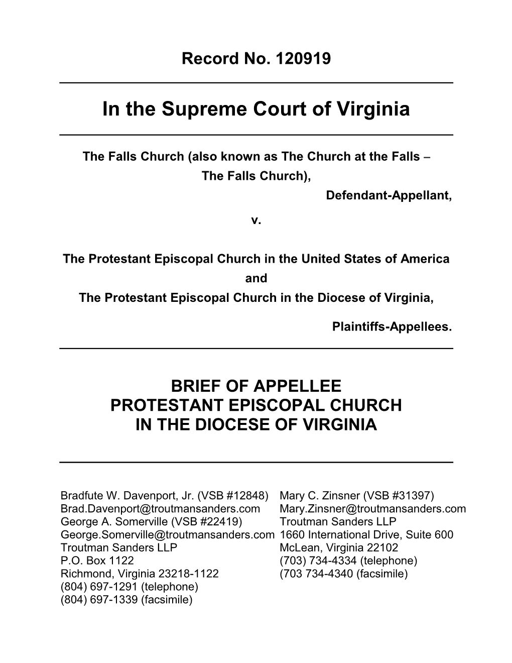 Brief of Appellee, Protestant Episcopal Church in the Diocese of Virginia