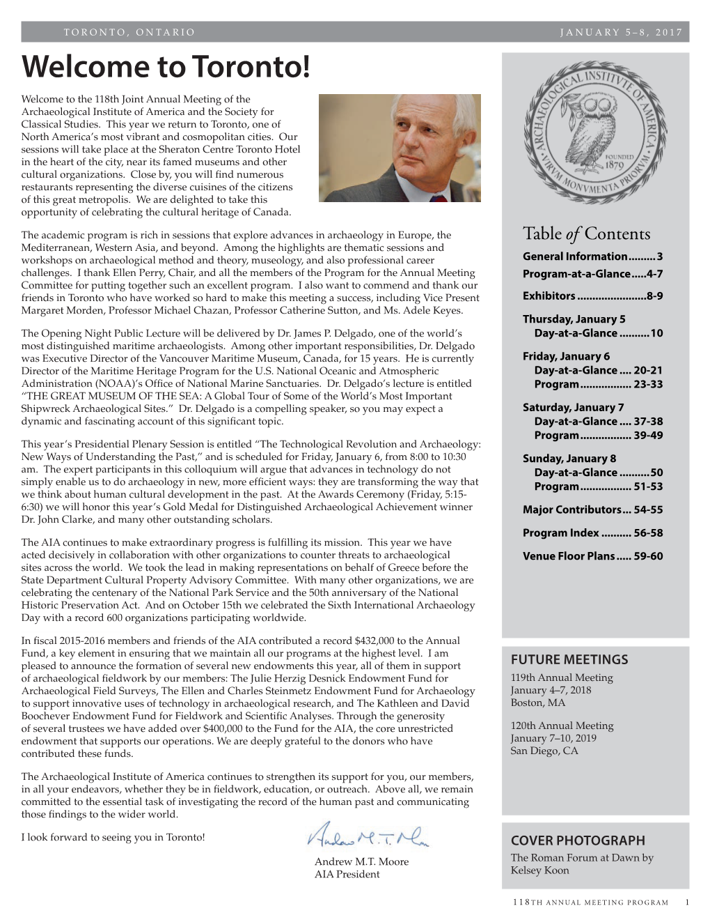 Toronto! Welcome to the 118Th Joint Annual Meeting of the Archaeological Institute of America and the Society for Classical Studies