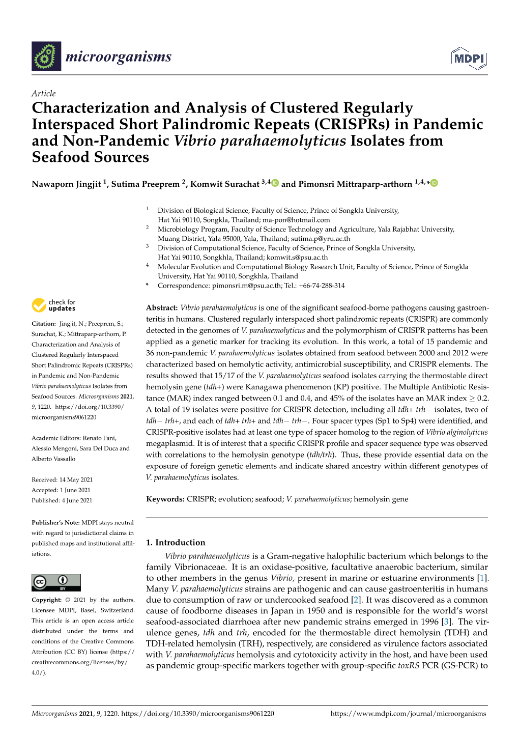 (Crisprs) in Pandemic and Non-Pandemic Vibrio Parahaemolyticus Isolates from Seafood Sources