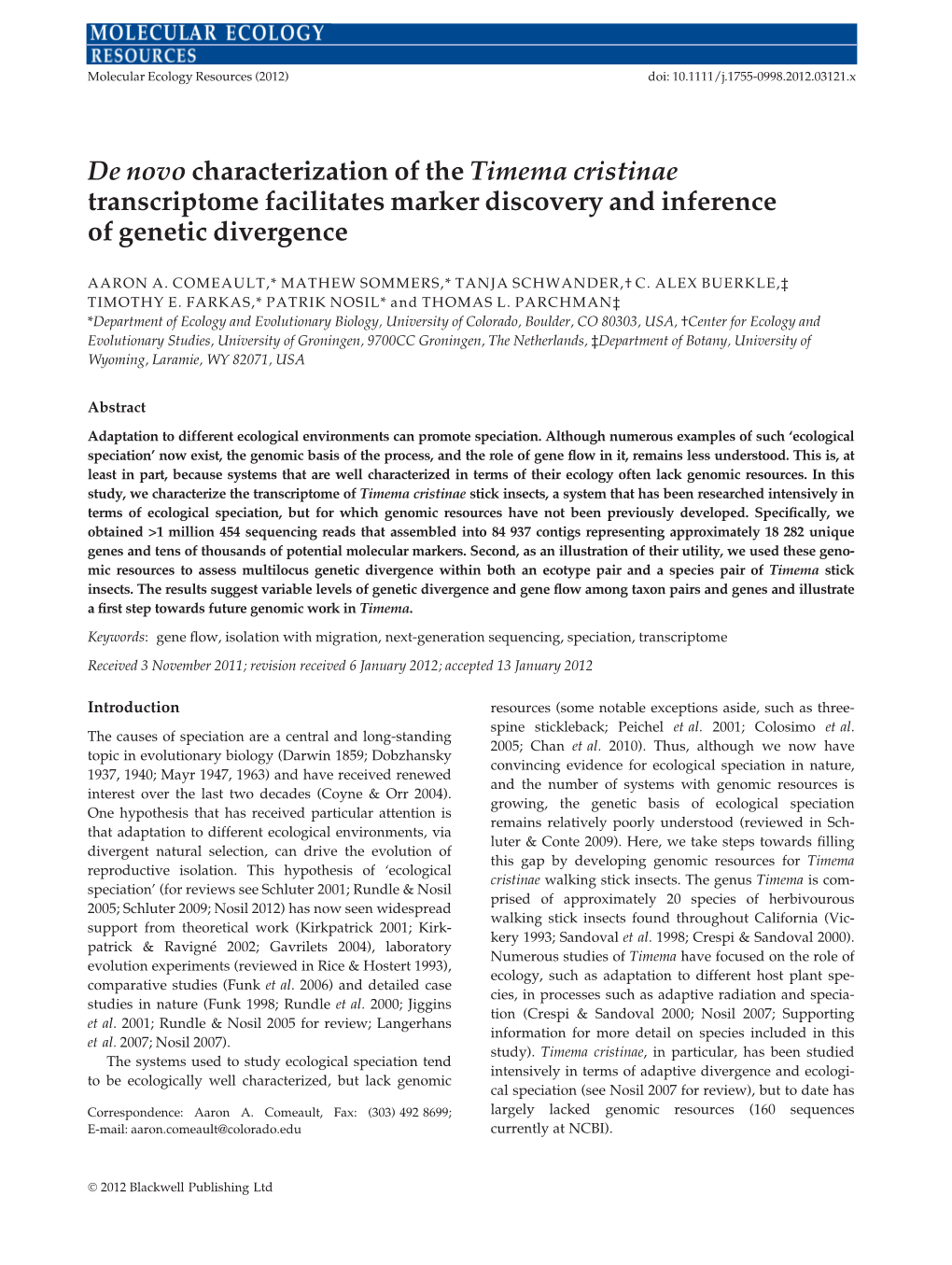 De Novo Characterization of the Timema Cristinae Transcriptome Facilitates Marker Discovery and Inference of Genetic Divergence