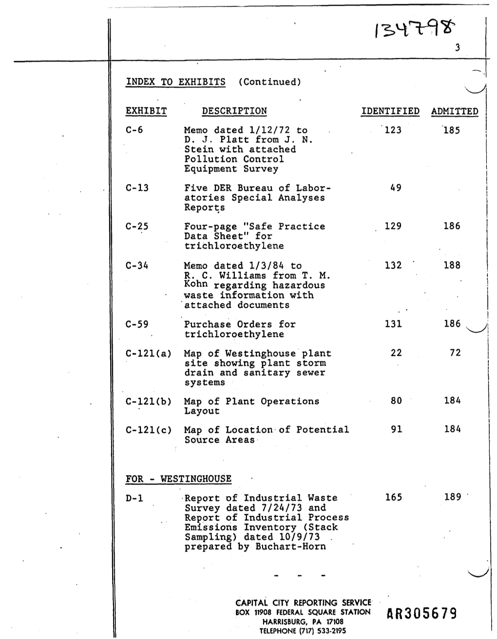 TO EXHIBITS (Continued) ^Y EXHIBIT DESCRIPTION IDENTIFIED ADMITTED C-6 Memo Dated 1/12/72 to 123 185 D